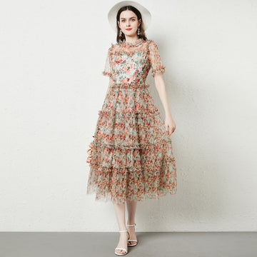 Znbbw Designer Summer Beach Dress Women Elegant Short Sleeve Floral Ruffles Tulle Mesh Layer Cake Vestidos De Fiesta Robe N5006